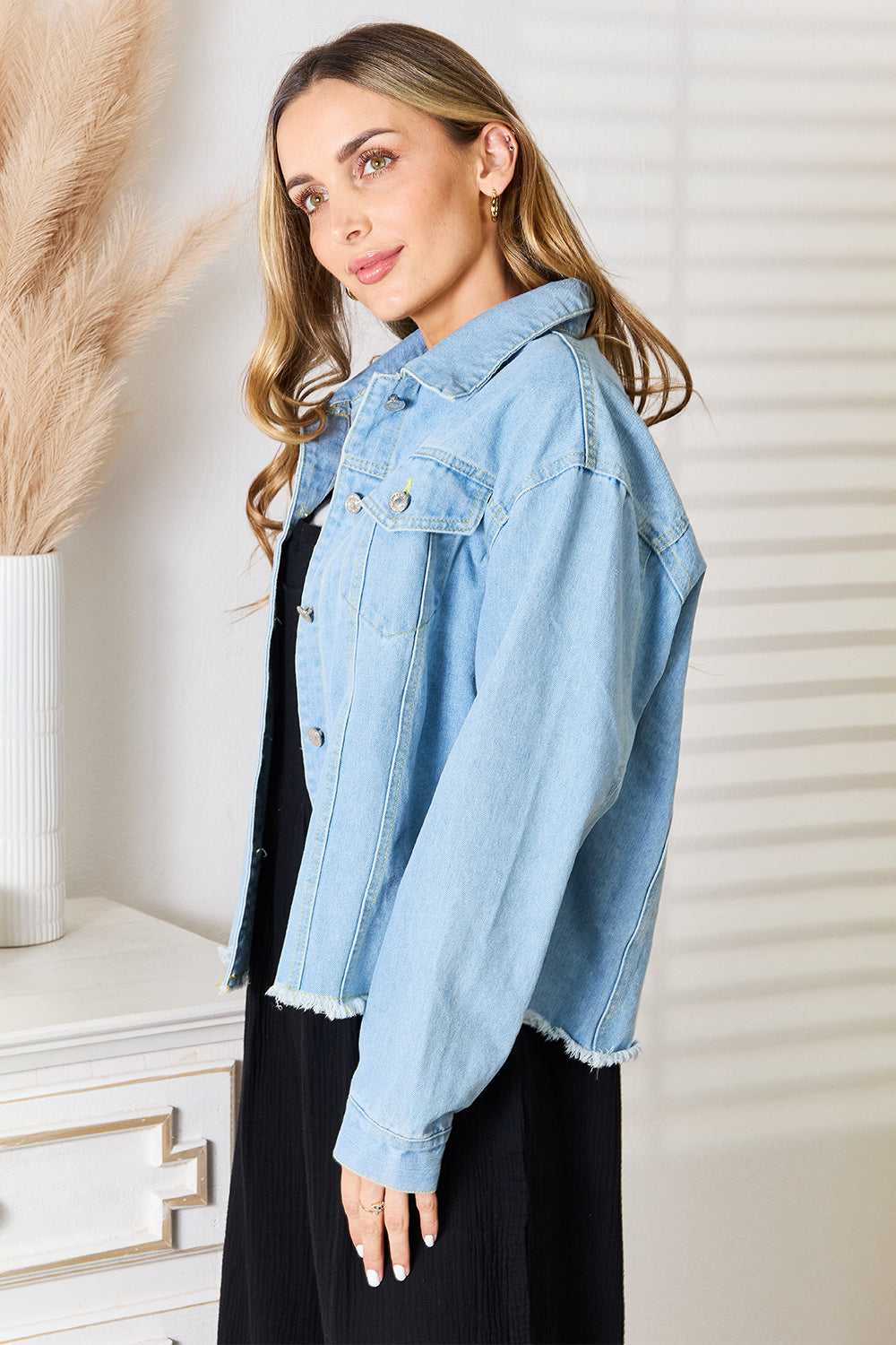 Double Take Dropped Shoulder Raw Hem Denim Jacket Double Take Dropped Shoulder Raw Hem Denim Jacket